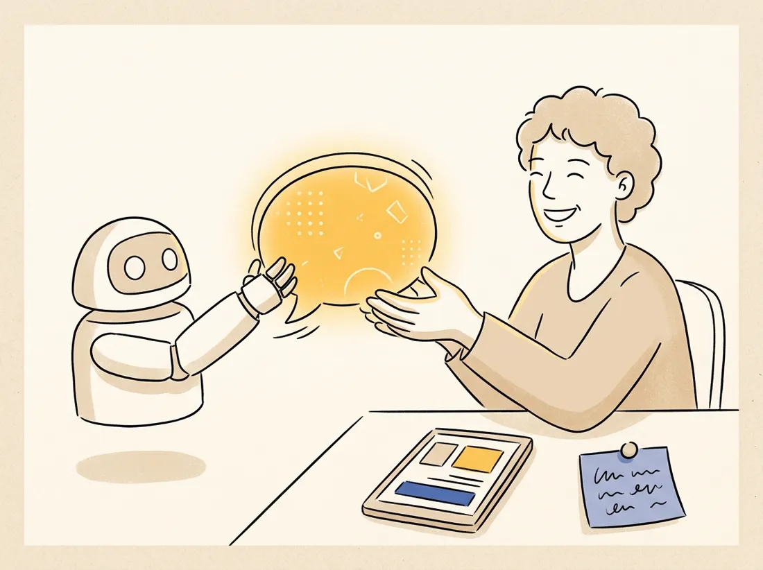 A small robot passes a glowing speech bubble to a smiling person at a desk
