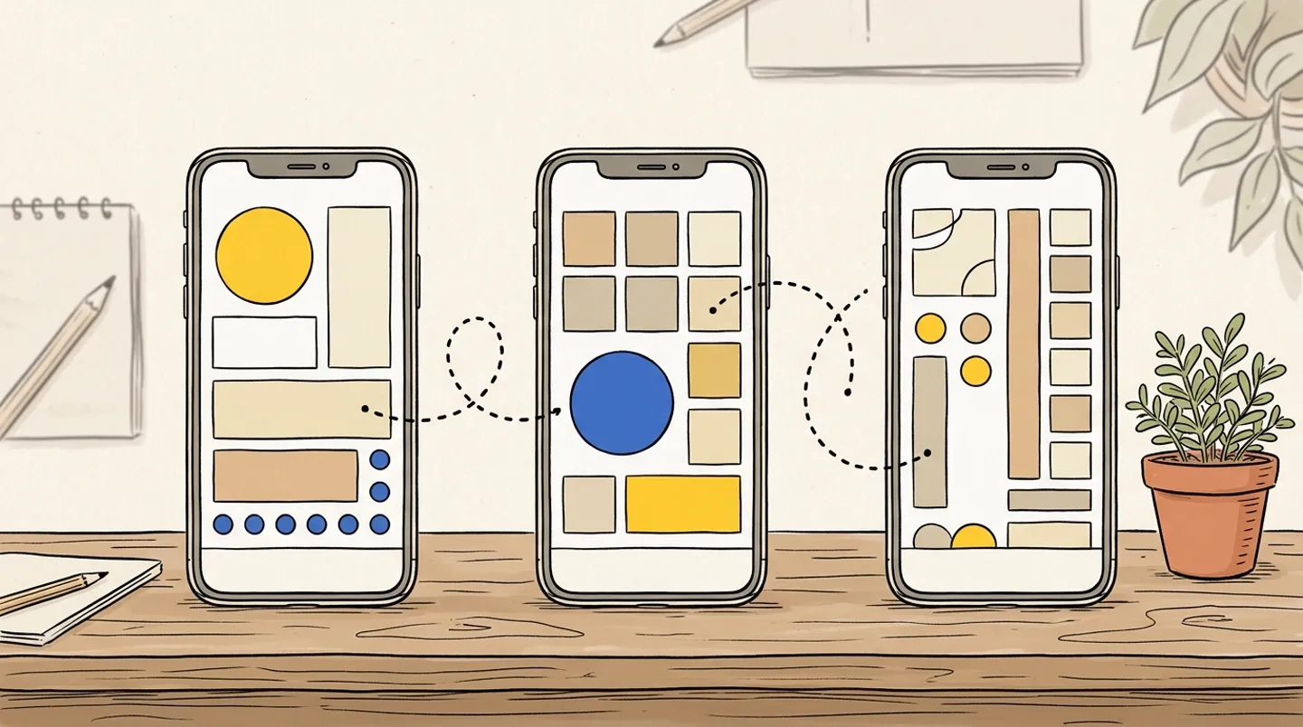 Three phones on a desk, each showing a different app screen, joined by a dotted path